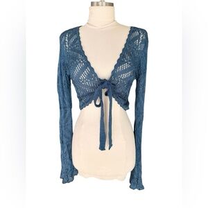 BETTE PAIGE Crochet Tie-Front Bolero Cardigan in Dusty Teal NEW WITH TAGS
